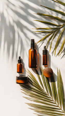 Organic skincare products are arranged on a light surface, showing various jars and a dropper bottle beside fresh palm leaves. The sunlight casts soft shadows, creating a calming vibe.の素材