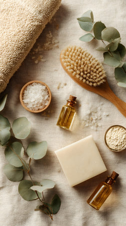 A collection of natural spa items including oils, bath salt, a wooden brush, and a soap bar, arranged neatly with eucalyptus leaves on a gray background.の素材