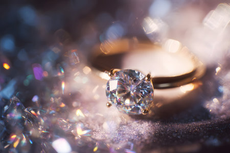 A sparkling diamond engagement ring is displayed on a soft surface, illuminated by a warm glow in the background. This elegant piece captures attention with its brilliance in the evening light.の素材