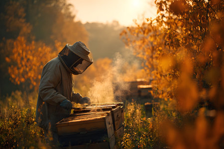 A beekeeper in protective gear works with beehives during early morning. The warm sunlight filters through trees, creating a serene autumn atmosphere filled with buzzing bees.の素材
