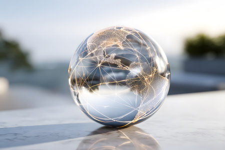 A transparent globe displays illuminated network connections across continents, showcasing a global digital landscape during sunset. The warm glow highlights interconnectedness.の素材
