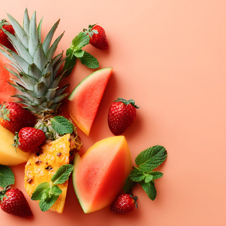 Bright strawberries and sliced pineapple are artistically arranged on a peach-colored surface, showing a vibrant and refreshing summer theme with mint leaves for added detail.の素材