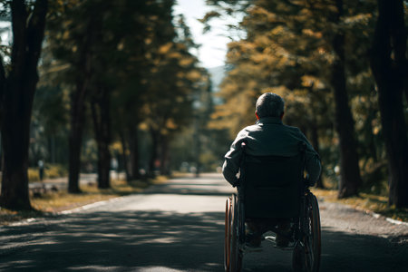 A person navigates a wheelchair along a smooth path in a park. Tall trees line the way, creating a peaceful atmosphere on a sunny afternoon. Others enjoy the outdoors in the background.の素材