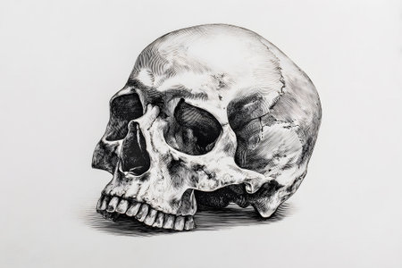 A realistic drawing of a human skull is displayed against a plain background. The artwork highlights fine details, emphasizing the bone structure and texture.の素材