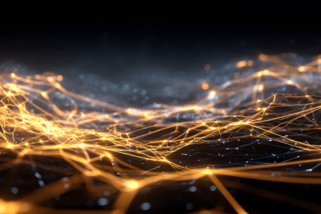 Glowing particles and lines form an abstract network in a dark space, showcasing a visual representation of connectivity and dynamic movement in a tech-inspired scene.の素材