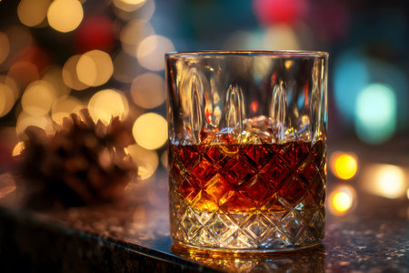 A glass filled with whiskey and ice sits on a bar top, illuminated by warm tones. Colorful bokeh lights decorate the background, creating a festive atmosphere.の素材