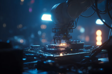 A robot arm works diligently to assemble a circuit board at a manufacturing facility during a busy day. The scene highlights advanced technology and precision in production.の素材