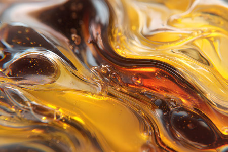 Swirling, colorful fluid shapes blend together in vibrant hues of yellow, blue, and purple, creating a dynamic visual experience against a dark backdrop.の素材