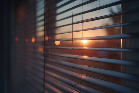 Warm golden light streams through the slats of window blinds, creating a peaceful atmosphere during sunset in a quiet room. The soft glow enhances the tranquil setting.の素材