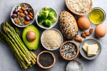 Colorful assortment of healthy ingredients for nutritious meal preparation in contemporary kitchen settingの素材