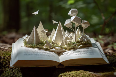 Paper art creates a miniature forest scene inside an open book in a sunlit woodlandの素材