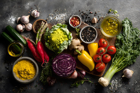 Fresh vegetables and spices arranged on a wooden board in a rustic kitchen settingの素材