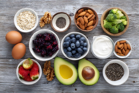 Fresh and healthy ingredients arranged on a wooden table for a nutritious meal preparationの素材