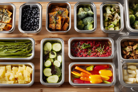 Colorful array of fresh vegetables, fruits, and prepared dishes on a wooden surface in a kitchen settingの素材