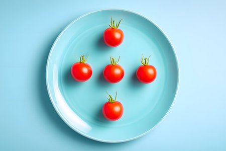 Fresh red tomatoes arranged in a creative pattern on a light blue plateの素材