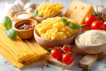 Fresh ingredients for a delicious pasta dish with cheese and tomatoes in a kitchen settingの素材