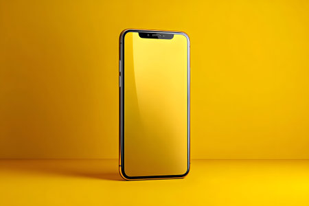 A sleek smartphone stands upright on a vivid yellow background, highlighting its smooth surface and modern design. The contrast creates an eye-catching visual appeal, ideal for tech enthusiasts.の素材