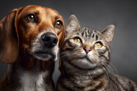 A brown and white beagle and a striped gray cat are leaning towards each other. Both animals gaze upward with calm expressions, capturing a moment of friendship.の素材