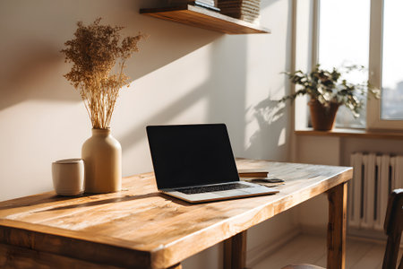A well-lit workspace features a laptop on a wooden table. Sunlight streams through the window, casting shadows. Plants add life to the setting, enhancing the cozy feel.の素材