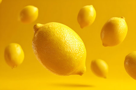 Bright yellow lemons float against a vibrant yellow background. The composition highlights the freshness and zest of the fruit, showing whole and halved lemons in a playful arrangement.の素材