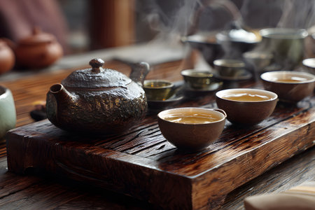 On a rustic wooden table, a dark teapot sits next to four small cups filled with golden tea. Loose tea leaves are placed in a bowl, showing the art of tea brewing in a serene setting.の素材