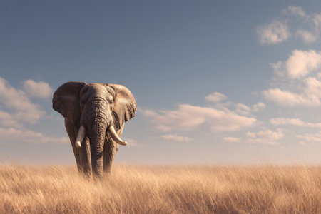 Large elephant roams across sunlit grasslands, its powerful form standing out against the backdrop of blue skies and soft clouds. A peaceful scene in nature's splendor.の素材