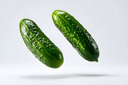 Multiple fresh green cucumbers are seen floating against a light background, showing their vibrant color and bumpy texture. The scene captures the freshness and appeal of the cucumbers.の素材