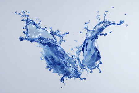 Clear water splashes form graceful curves in mid-air, showcasing fluid motion and creating a stunning visual on a plain backdrop. Ideal for artistic displays in design projects.の素材