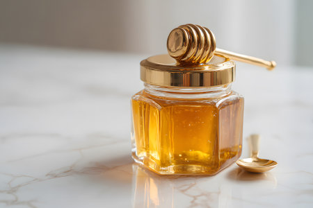 Sweet golden honey flows from a wooden dipper into a clear jar. The scene is set on a marble countertop, illuminated by soft natural light.の素材