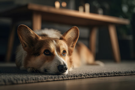 Corgi rests calmly on a cozy rug in a warmly lit living room during the late afternoon hoursの素材