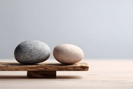 Two smooth stones rest on a wooden beam, balanced with one stone underneath. The serene setup brings a peaceful and minimalist aesthetic to the scene.の素材
