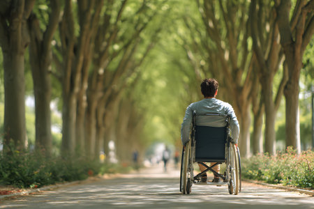A person navigates a wheelchair along a smooth path in a park. Tall trees line the way, creating a peaceful atmosphere on a sunny afternoon. Others enjoy the outdoors in the background.の素材