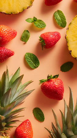 Bright strawberries and sliced pineapple are artistically arranged on a peach-colored surface, showing a vibrant and refreshing summer theme with mint leaves for added detail.の素材
