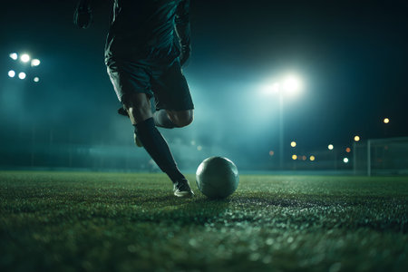 A football player in a red uniform skillfully dribbles a black and white ball across a well-maintained field.の素材