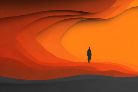 Person stands alone against a vibrant orange and black abstract landscapeの素材