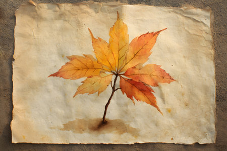 Vivid autumn leaf painting showcasing warm colors on textured paperの素材