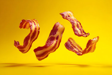 Bacon strips hover in the air, showing their crispy texture and appetizing color. The bright yellow backdrop enhances the savory appeal of the bacon.の素材