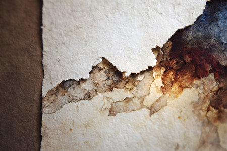 Detailed close-up of textured paper with torn edges and rich colors in artistic compositionの素材