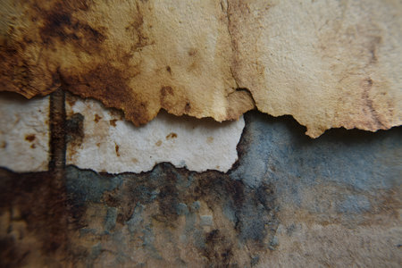 Close-up view of weathered paper showing layers, textures, and color variations in an artistic displayの素材