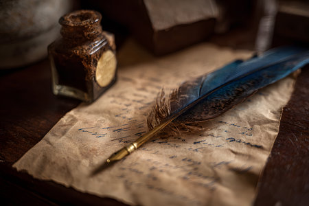 Vintage writing tools and materials on a wooden desk in a cozy settingの素材
