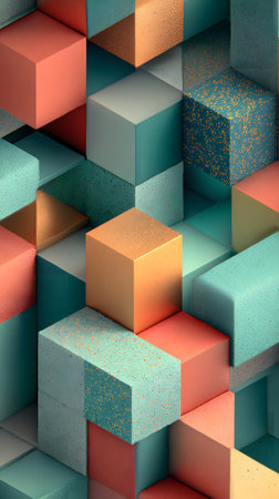 Colorful geometric blocks create a vibrant abstract pattern in a three-dimensional spaceの素材