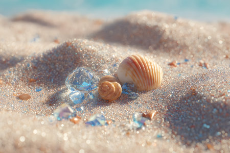 Seashells and sparkly stones on a sandy beach in bright sunlightの素材