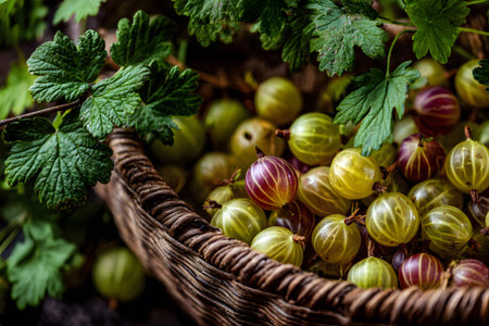 A woven basket is filled with colorful gooseberries in shades of red, yellow, and green. Surrounding the basket are vibrant green leaves, hinting at a warm sunny day in a garden.の素材