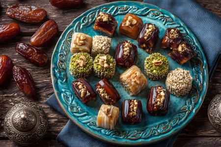 Colorful selection of Middle Eastern sweets arranged on a vibrant plate. Fresh dates surround the plate, enhancing the festive feel. Perfect for a celebration or gathering.の素材