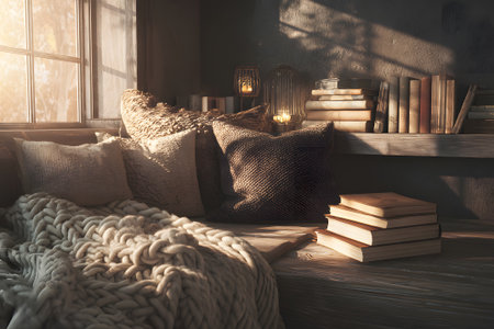 A tranquil reading corner features a comfortable bed decorated with soft pillows and warm blankets. Stacked books surround a wooden bowl and lit candles, creating a relaxing atmosphere.の素材
