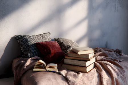 A tranquil reading corner features a comfortable bed decorated with soft pillows and warm blankets. Stacked books surround a wooden bowl and lit candles, creating a relaxing atmosphere.の素材