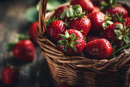 A woven basket filled with ripe red strawberries sits on a rustic wooden table. Several strawberries are scattered around, highlighting their freshness and vibrant color.の素材