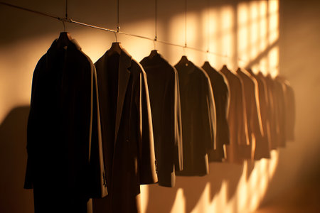 A clothing boutique features a row of stylish garments hanging on wooden hangers. Soft lighting enhances the elegant design and colors of the clothes, creating a calm atmosphere.の素材