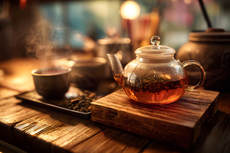 On a rustic wooden table, a dark teapot sits next to four small cups filled with golden tea. Loose tea leaves are placed in a bowl, showing the art of tea brewing in a serene setting.の素材