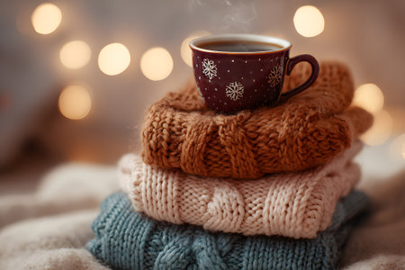 Soft blankets are neatly arranged with a knitted hat on top, next to a warm cup of coffee. Twinkling lights create a cozy winter atmosphere perfect for relaxation.の素材